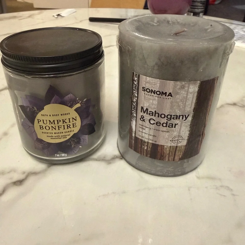 Bath & Body Works Pumpkin Bonfire Mason Jar & Sonoma‎ Mahogany Cedar Candle Set